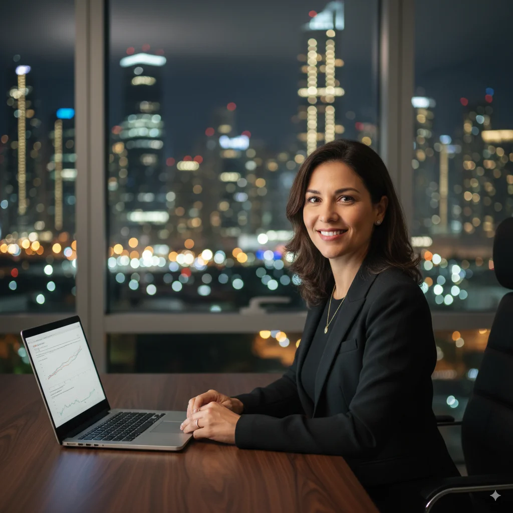 Professional advisor from Panamaway in an office overlooking Panama City, ready to offer a consultation on tax residency.