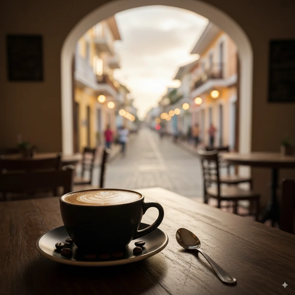 Uma xícara de café numa mesa no Casco Viejo, representando a qualidade de vida acessível como parte do custo de vida no Panamá.