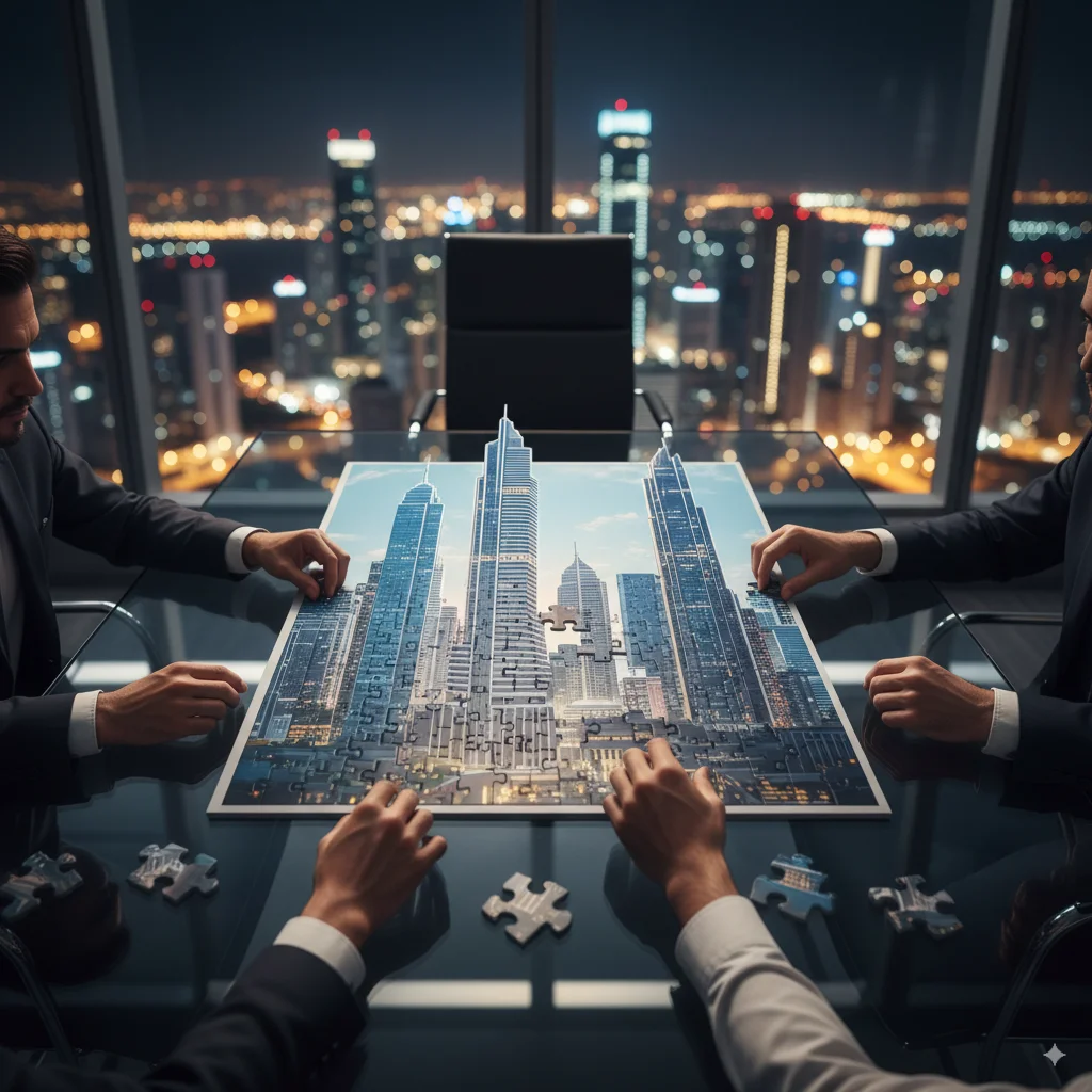 Hands of business people collaborating to build a city model, symbolizing the process of starting a company in Panama for international operations.