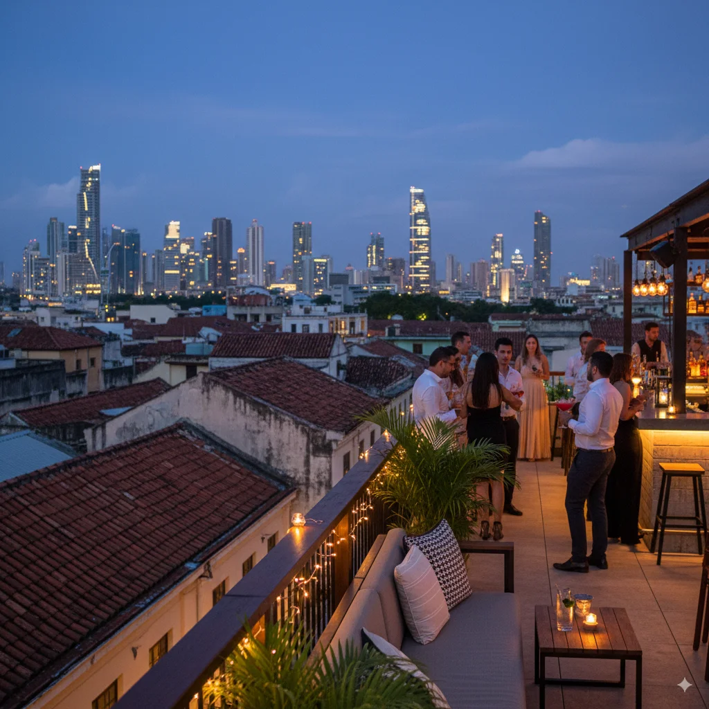 View from a rooftop bar in Casco Viejo at sunset, representing the vibrant social and cultural lifestyle in Panama.