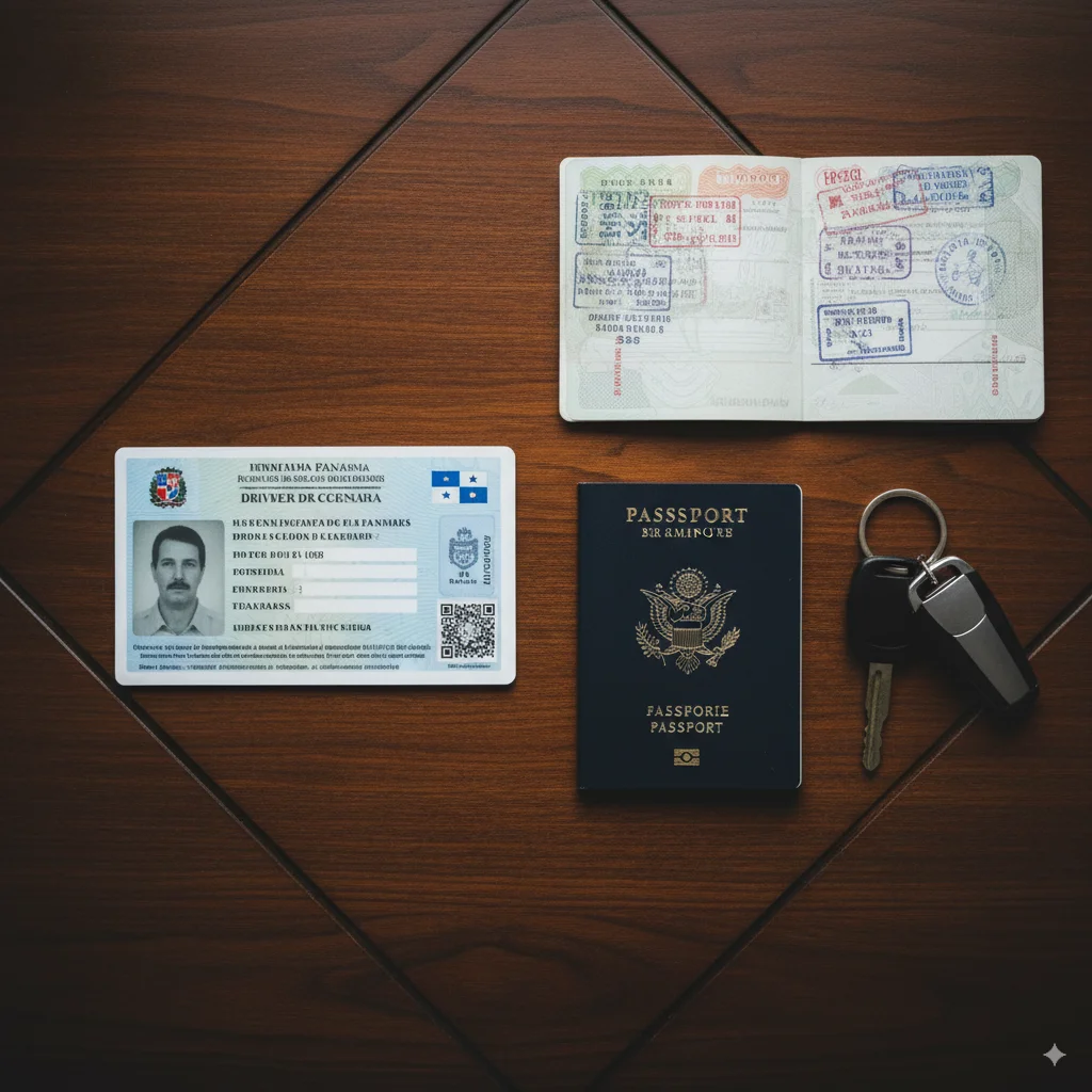 A new Panamanian driver's license next to a passport, representing the successful process of validating a foreign driver's license in Panama.