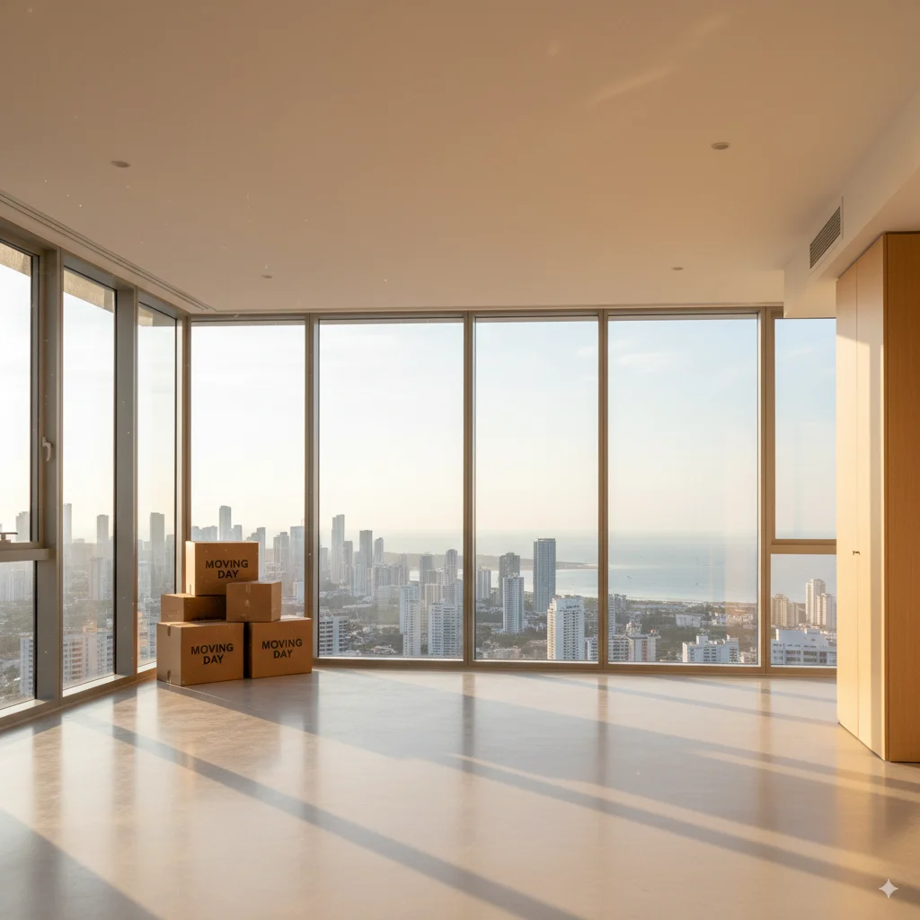 Empty living room with moving boxes and a view of Panama City, representing a successful and well-planned international move.
