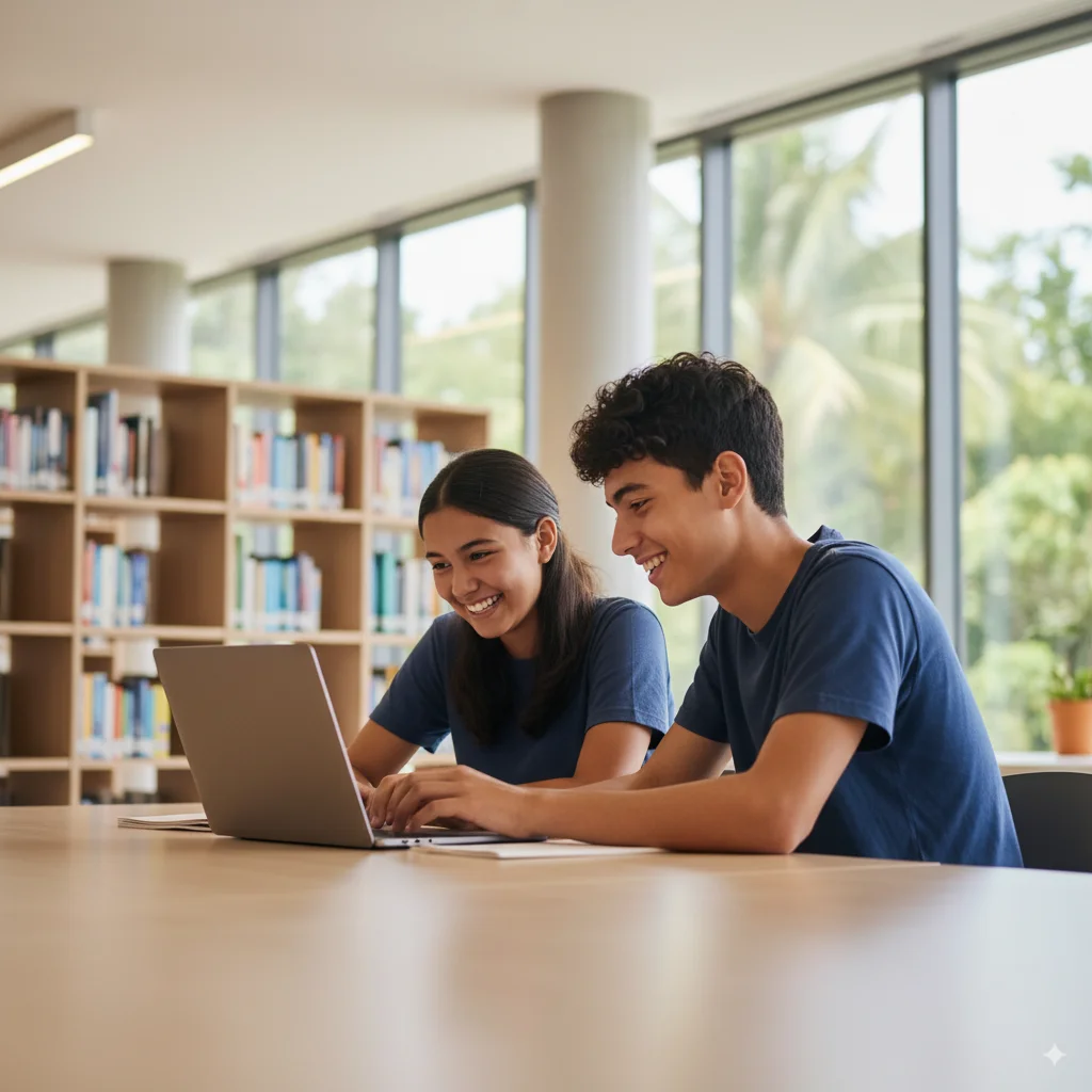 Two international students collaborating in a school library in Panama, representing the high quality of the Panamanian education system.
