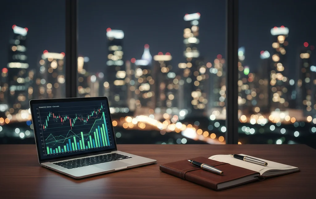 Office desk with a laptop displaying financial charts, symbolizing tax planning in Panama thanks to its territorial tax system.