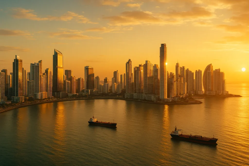Panoramic view of the Panama City skyline at sunset, representing business opportunities and the high quality of life for obtaining tax residency in Panama.