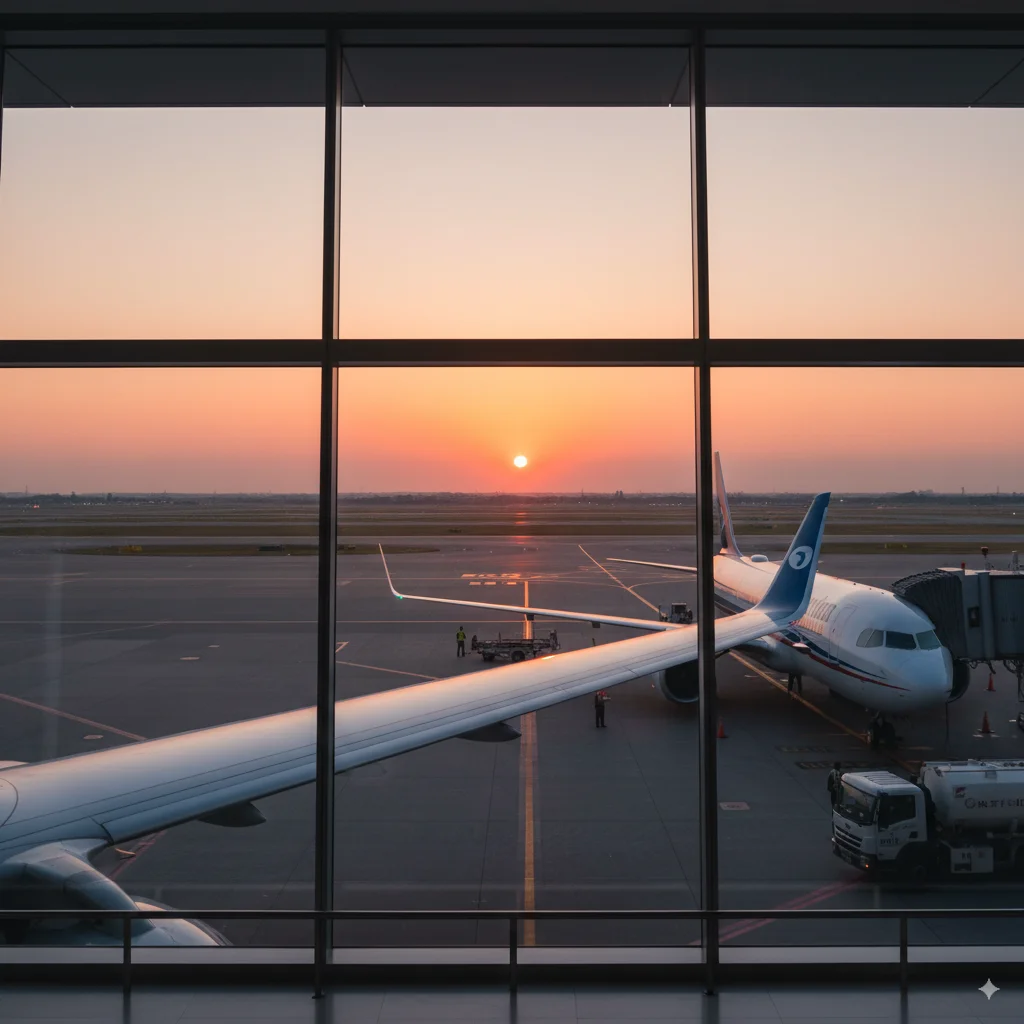 An airplane on the runway at Tocumen International Airport at dawn, symbolizing Panama's excellent flight connectivity and connections.