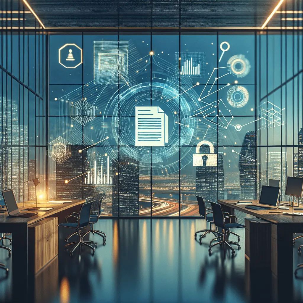 Imagen panorámica de una oficina moderna con vistas al horizonte de la Ciudad de Panamá. Superpuestos hay gráficos estilizados de documentos digitales y formas geométricas en azul y dorado que representan el flujo de datos y la seguridad.
