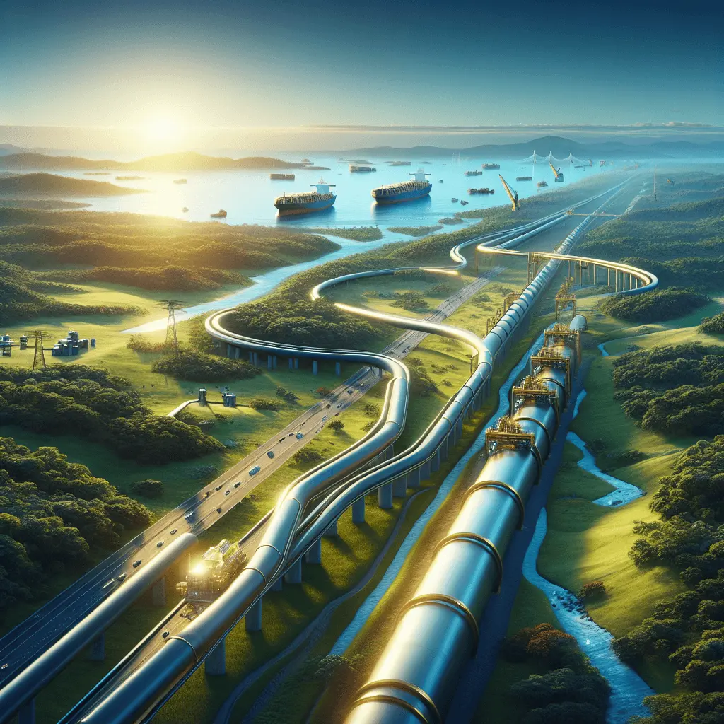 Imagen panorámica de un gasoducto futurista a gran escala que atraviesa un exuberante paisaje panameño, con el Canal de Panamá y un buque metanero al fondo, bajo una iluminación cinematográfica.