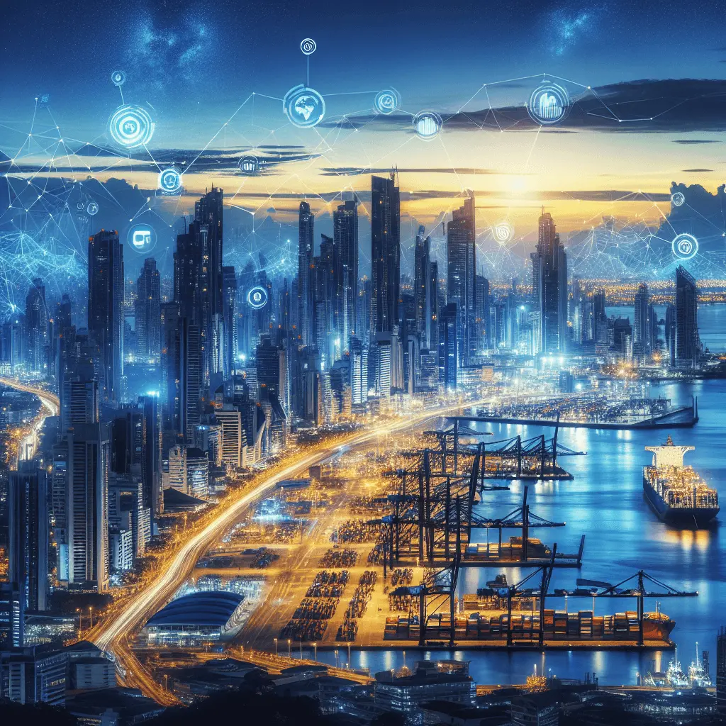 Imagen panorámica en 16:9 del horizonte de la Ciudad de Panamá al atardecer, en tonos azules y dorados. Se ven rascacielos modernos y un puerto concurrido en primer plano, con elementos abstractos de conexiones digitales.