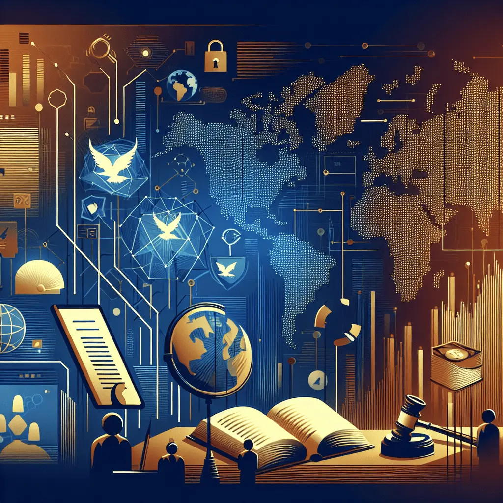Representación estilizada de documentos legales, formularios digitales y un mapa de Panamá con líneas doradas que conectan a centros financieros globales. La paleta de colores es de azules profundos y dorados.