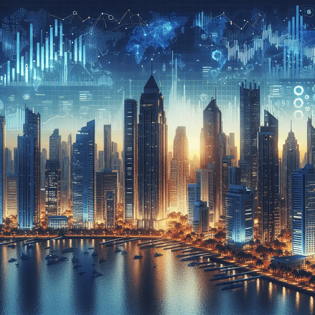 Imagen panorámica del moderno horizonte de la Ciudad de Panamá al amanecer, con rascacielos que integran sutiles gráficos financieros. La paleta de colores es de azules profundos, dorados y blancos, sin personas, enfocada en la infraestructura y los símbolos económicos.