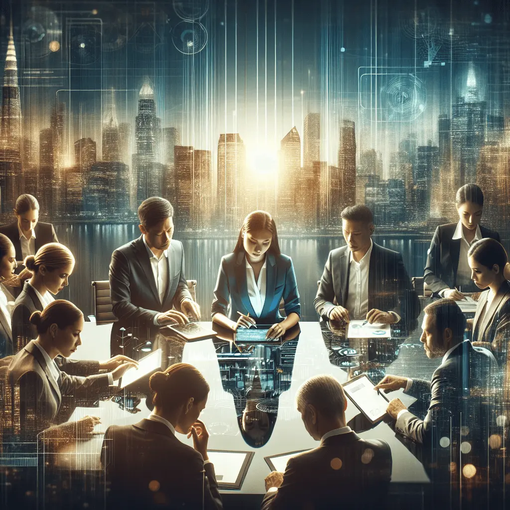 Imagen panorámica de un grupo diverso de profesionales de negocios en una reunión colaborativa alrededor de una mesa de conferencias moderna, con el horizonte de la Ciudad de Panamá al fondo.