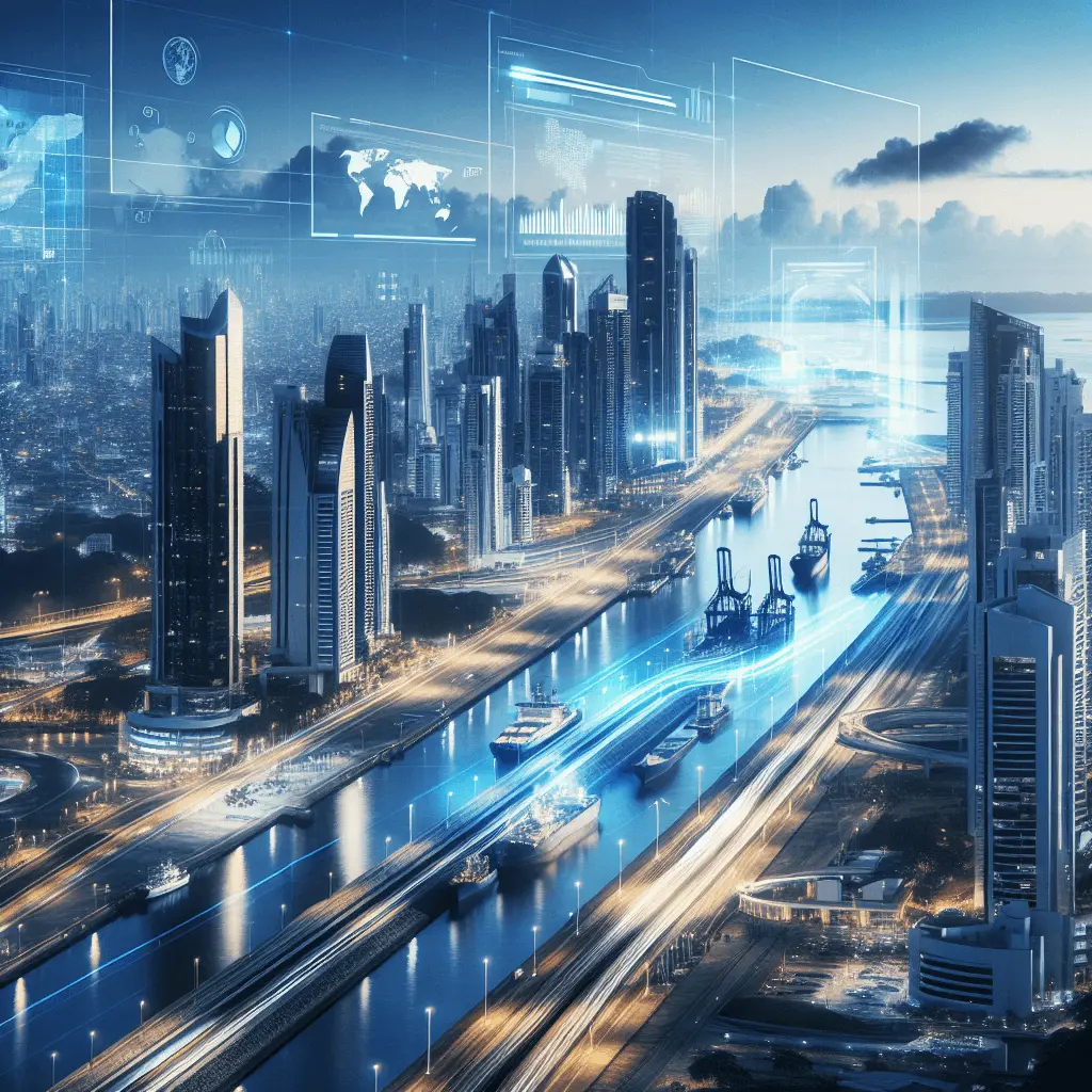 Imagen panorámica del horizonte moderno de la Ciudad de Panamá, con el Canal y rutas comerciales digitales superpuestas en tonos azules y dorados, representando la ambición económica global.