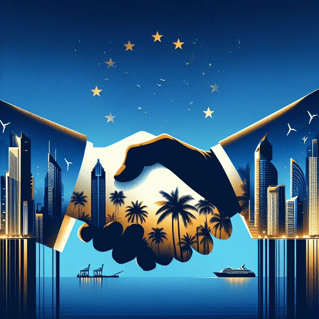 Apretón de manos estilizado entre dos siluetas que representan a Panamá y la Unión Europea, sobre un fondo azul y dorado.