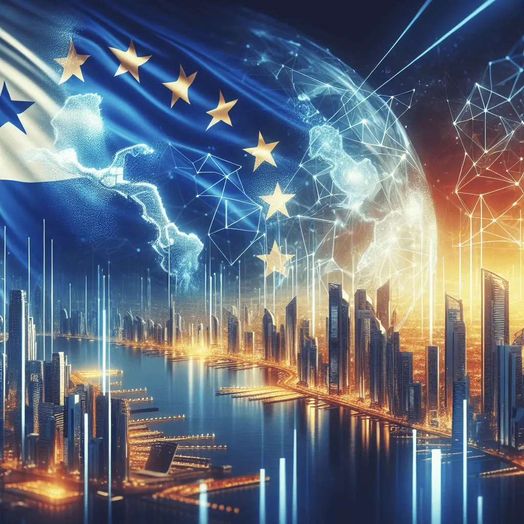 Mapa estilizado de Panamá en tonos azules y dorados, con líneas digitales de conexión global y una sutil bandera de la UE al fondo, representando la transparencia financiera.