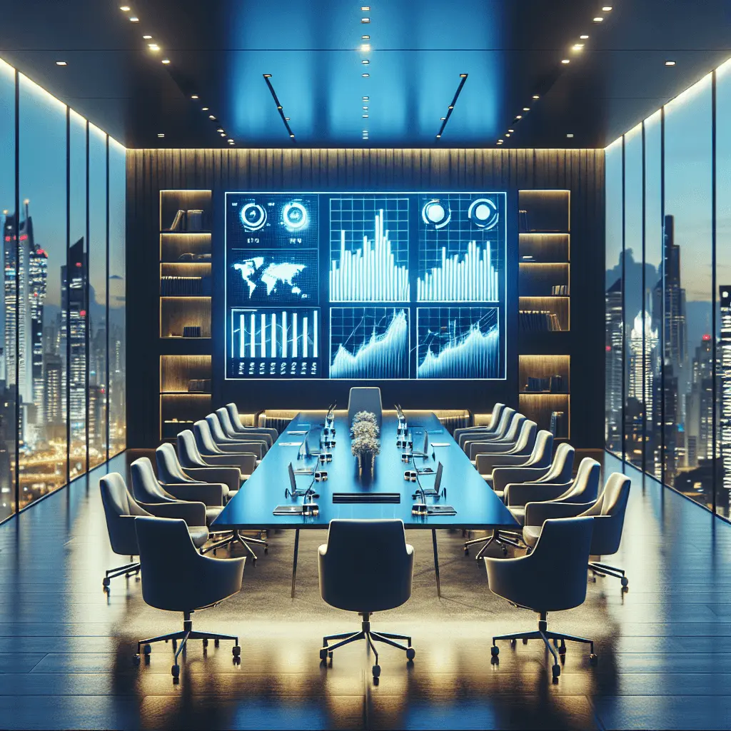 Sala de reuniones corporativa moderna con una gran pantalla mostrando gráficos económicos de Panamá, con el skyline de la ciudad desenfocado al fondo y una paleta de colores azul y dorado.