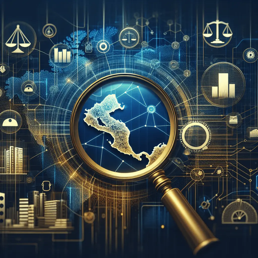 Imagen conceptual de un mapa de Panamá con líneas de datos que simbolizan la información de beneficiarios finales y una lupa sobre documentos corporativos, con un fondo azul y dorado.