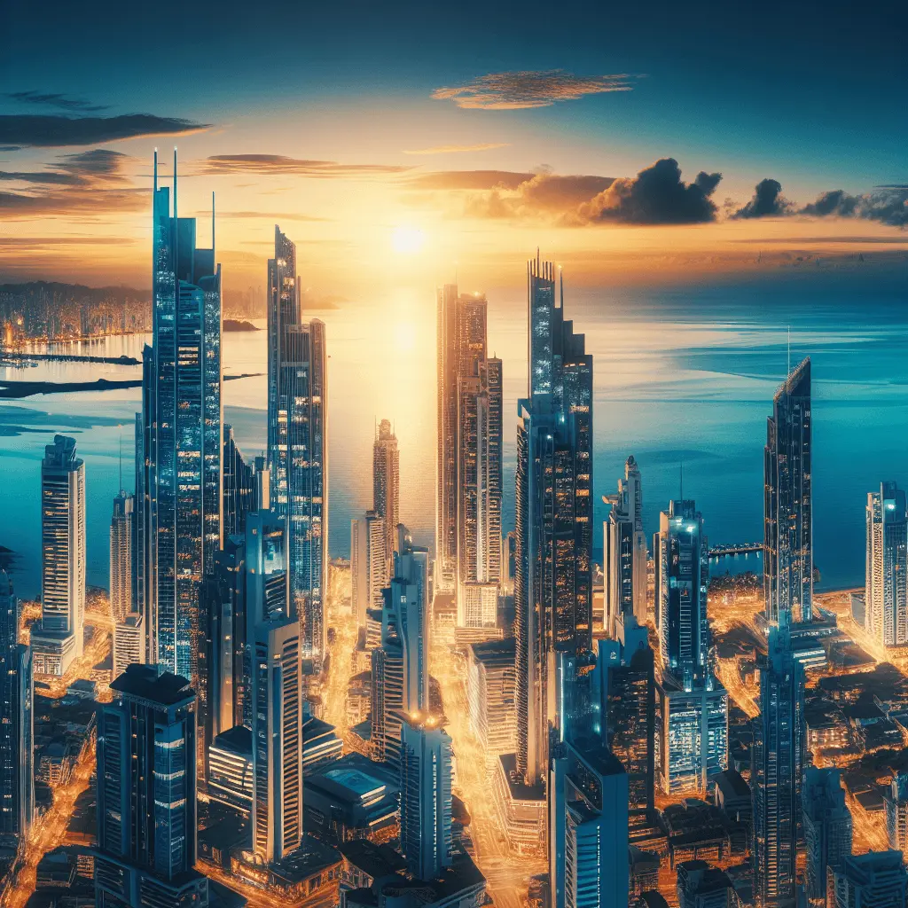 Vista panorámica en formato 16:9 del moderno skyline de la Ciudad de Panamá al atardecer. Rascacielos relucientes con reflejos dorados y azules, y el océano Pacífico de fondo.