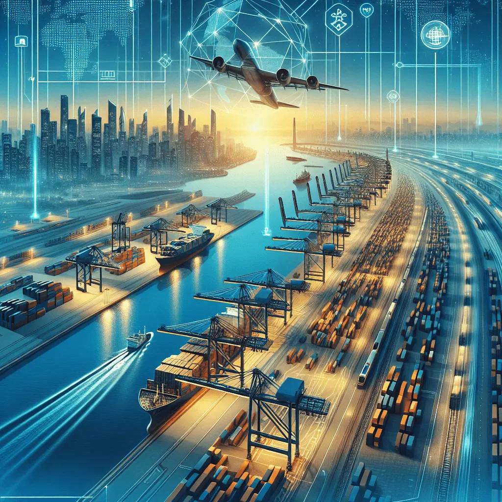 Ilustración panorámica de un vibrante centro logístico en Panamá, mostrando barcos de carga, terminales de contenedores con grúas, aviones y trenes de alta velocidad, todo interconectado con gráficos digitales en una paleta de azul y oro.