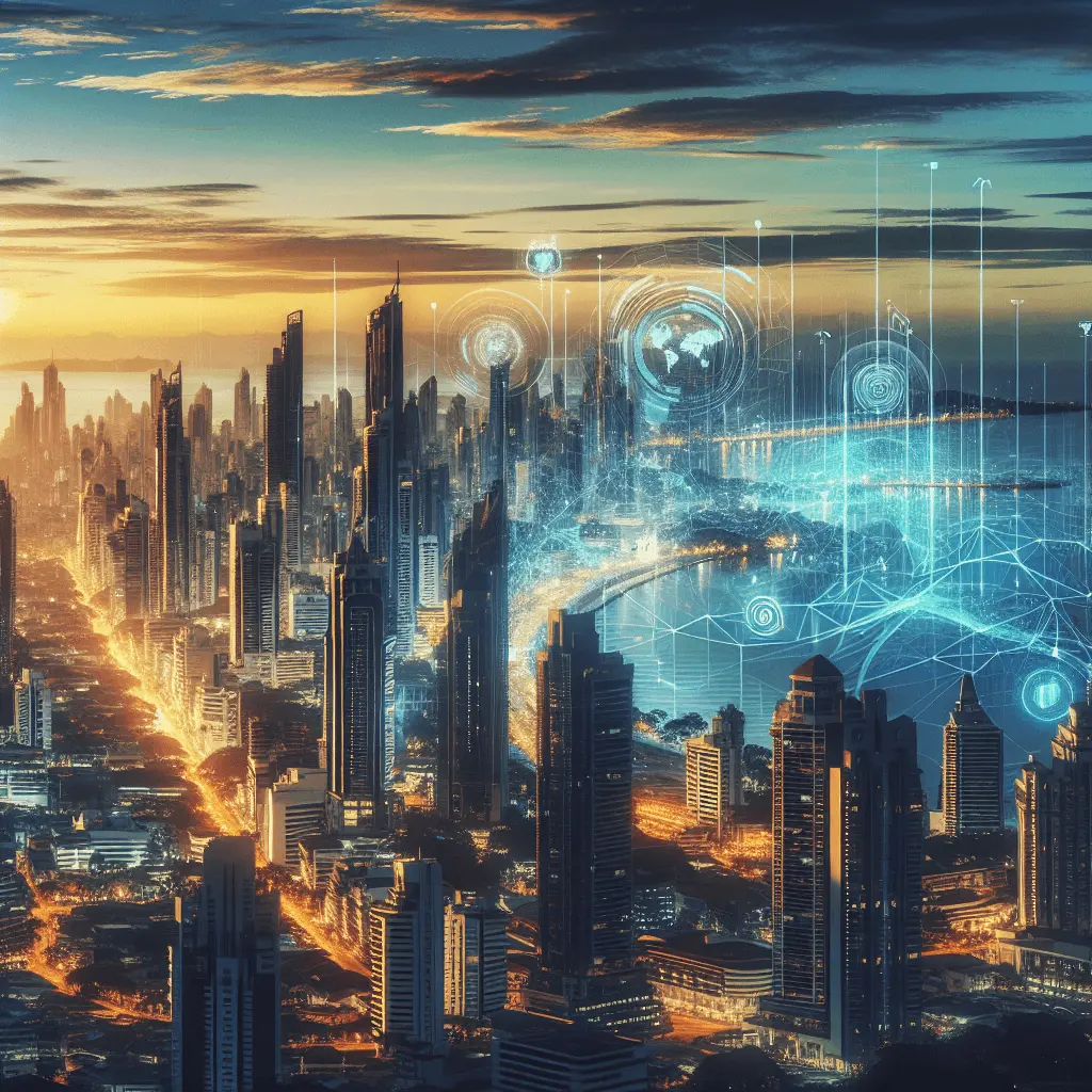 Paisaje urbano panorámico y moderno de la Ciudad de Panamá al amanecer, con rascacielos iluminados en tonos azules, verdes y dorados, y con sutiles superposiciones digitales que representan flujos de datos.
