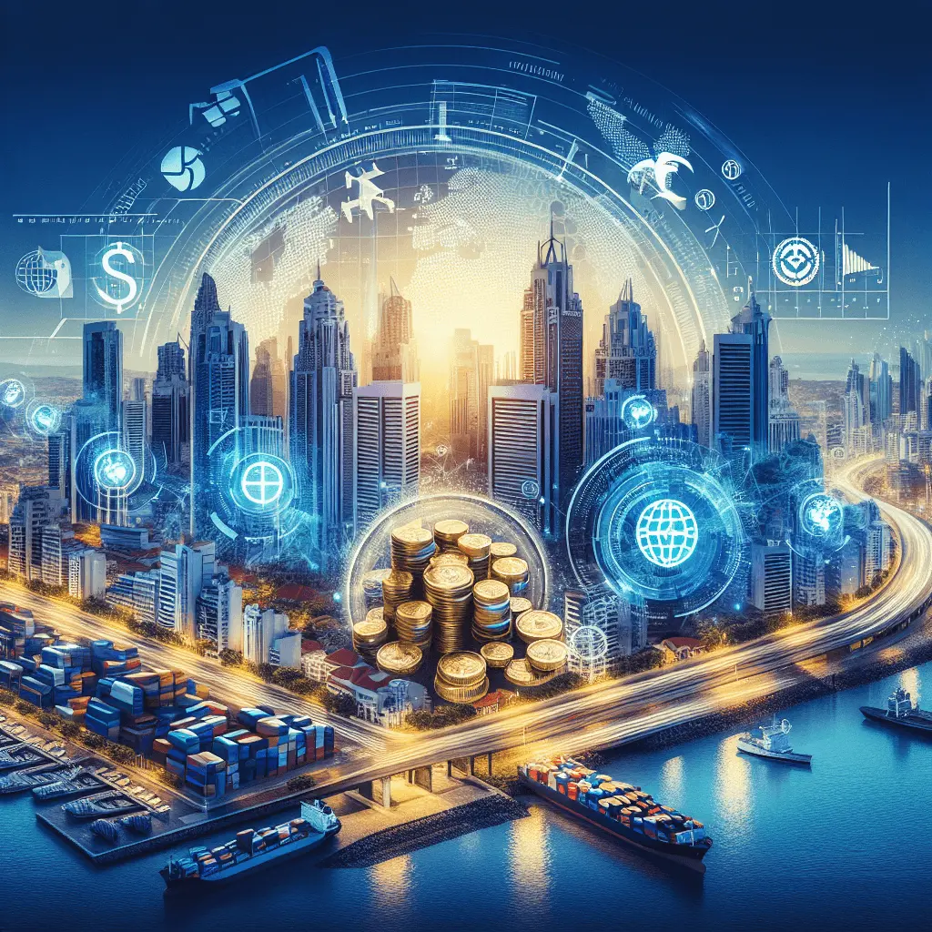 Imagen panorámica profesional del paisaje urbano de Panamá en tonos azules y dorados, con elementos en primer plano que simbolizan el comercio internacional y las finanzas seguras.