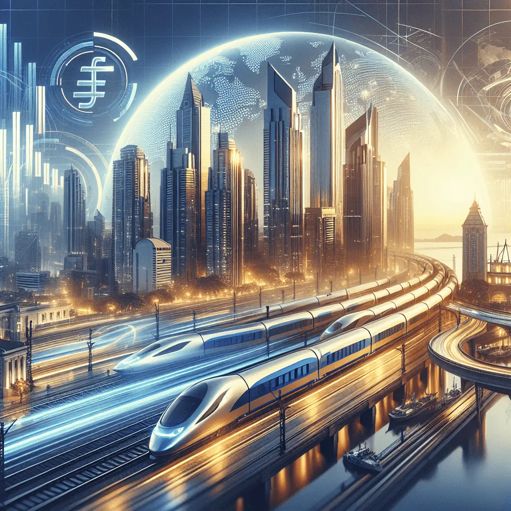 Imagen panorámica de un tren futurista de alta velocidad con acentos en azul y dorado cruzando un puente moderno en Panamá. Al fondo, el horizonte de la ciudad se fusiona con gráficos financieros y elementos de la bandera de la UE, proyectando un futuro de inversión y asociación.