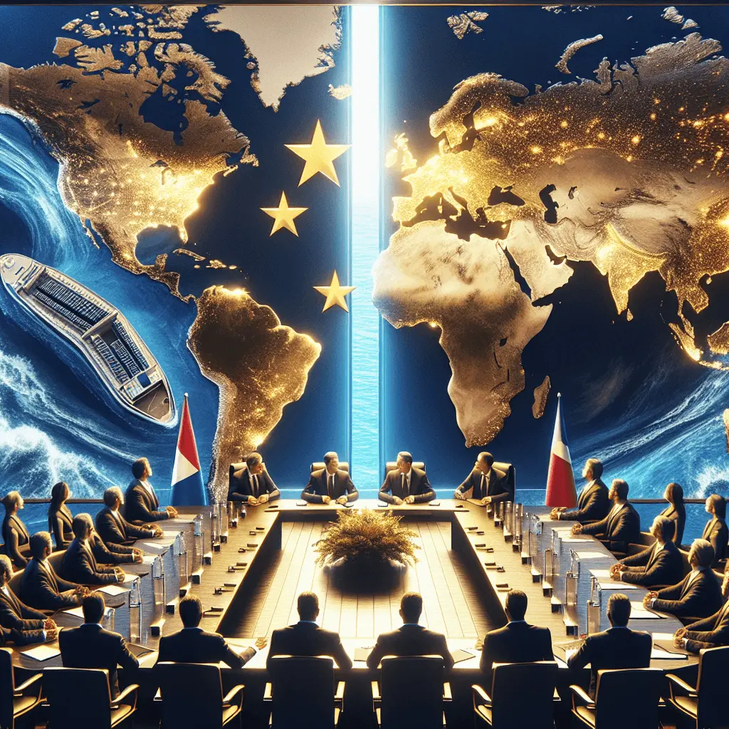 Imagen panorámica 16:9 profesional que simboliza las discusiones diplomáticas y fiscales entre Panamá y la Unión Europea. Elementos icónicos como el Canal de Panamá y las estrellas de la UE están sutilmente integrados en un entorno de sala de reuniones o un mapa global. El ambiente es serio pero esperanzador, reflejando colaboración y resolución, utilizando una paleta de colores de azules profundos, dorados y tonos neutros, con una estética corporativa de alta calidad.