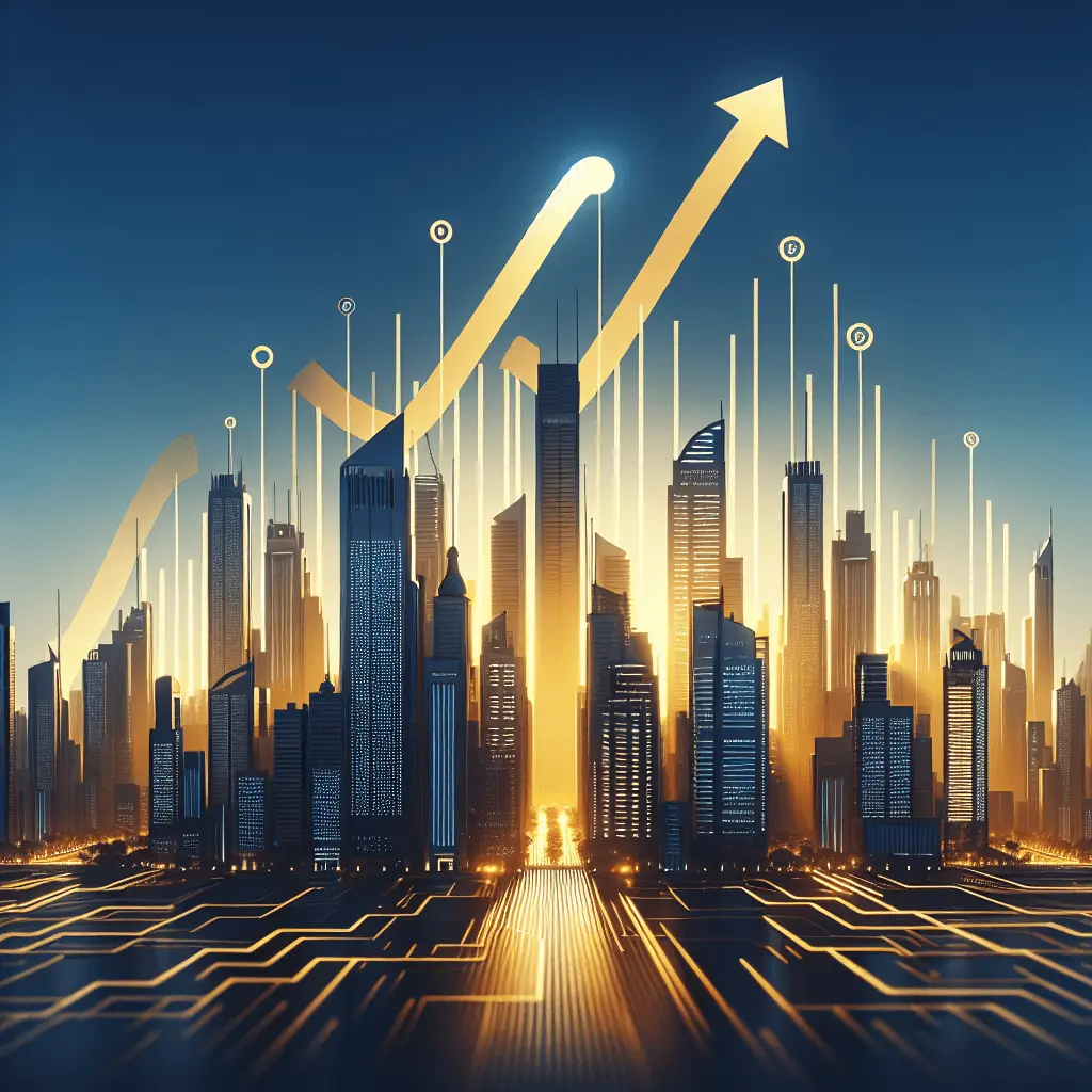 Representación estilizada del horizonte de la Ciudad de Panamá al amanecer, con rascacielos modernos bañados en tonos dorados y azules profundos. Gráficos sutiles de crecimiento ascendente se integran en el paisaje urbano, simbolizando la prosperidad y las oportunidades de inversión.