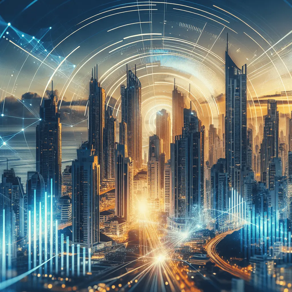 Toma panorámica cinematográfica del horizonte moderno de la Ciudad de Panamá al anochecer, con rascacielos iluminados y gráficos abstractos de datos en azul y dorado superpuestos.