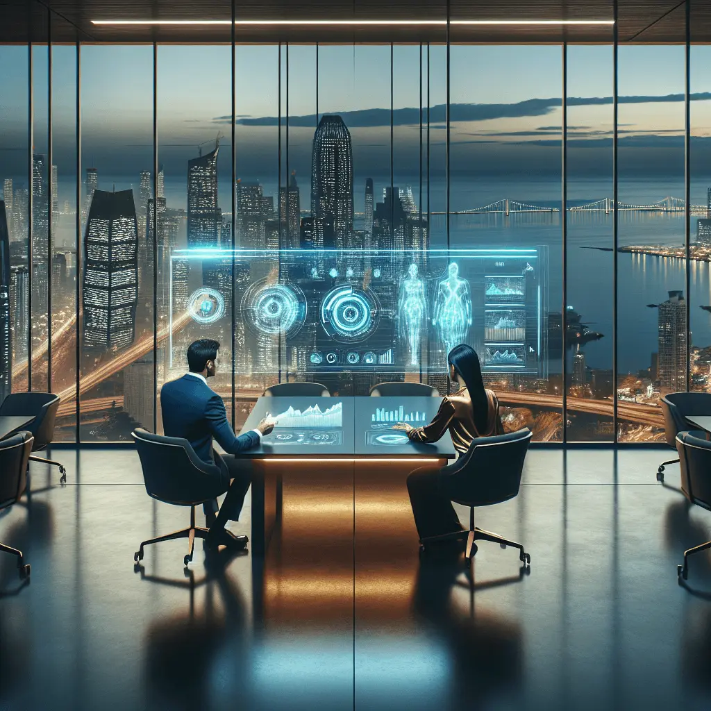 Dos profesionales de negocios, un hombre con traje azul y una mujer con blusa dorada, en una sala de reuniones moderna con vistas al atardecer de la Ciudad de Panamá, utilizando una interfaz holográfica.