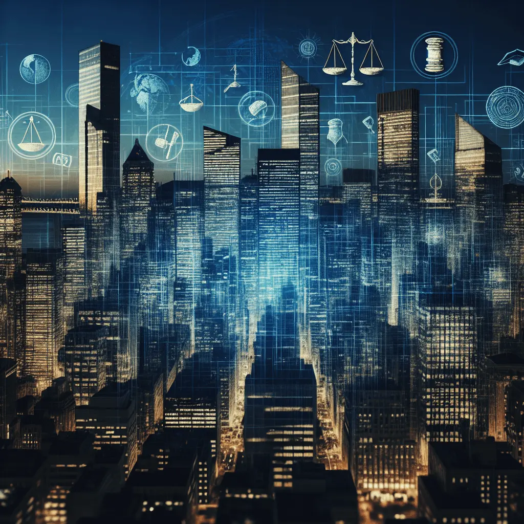 Una imagen panorámica profesional del moderno horizonte de la Ciudad de Panamá, con iconos legales y financieros translúcidos superpuestos. La paleta de colores es de azules profundos con acentos dorados, creando un ambiente serio y sofisticado.