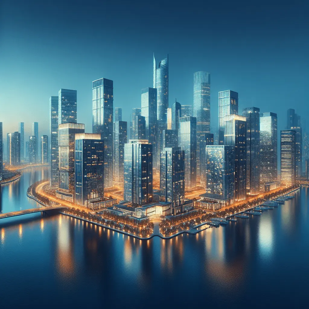 Vista cinematográfica panorámica 16:9 del moderno distrito financiero de la Ciudad de Panamá al atardecer, con rascacielos iluminados en tonos azules y dorados que se reflejan sobre el agua.