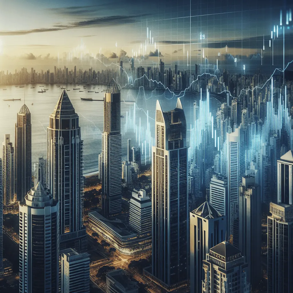 Panorámica del skyline de la Ciudad de Panamá con rascacielos modernos, superpuesta con un gráfico bursátil ascendente en tonos azules y dorados.