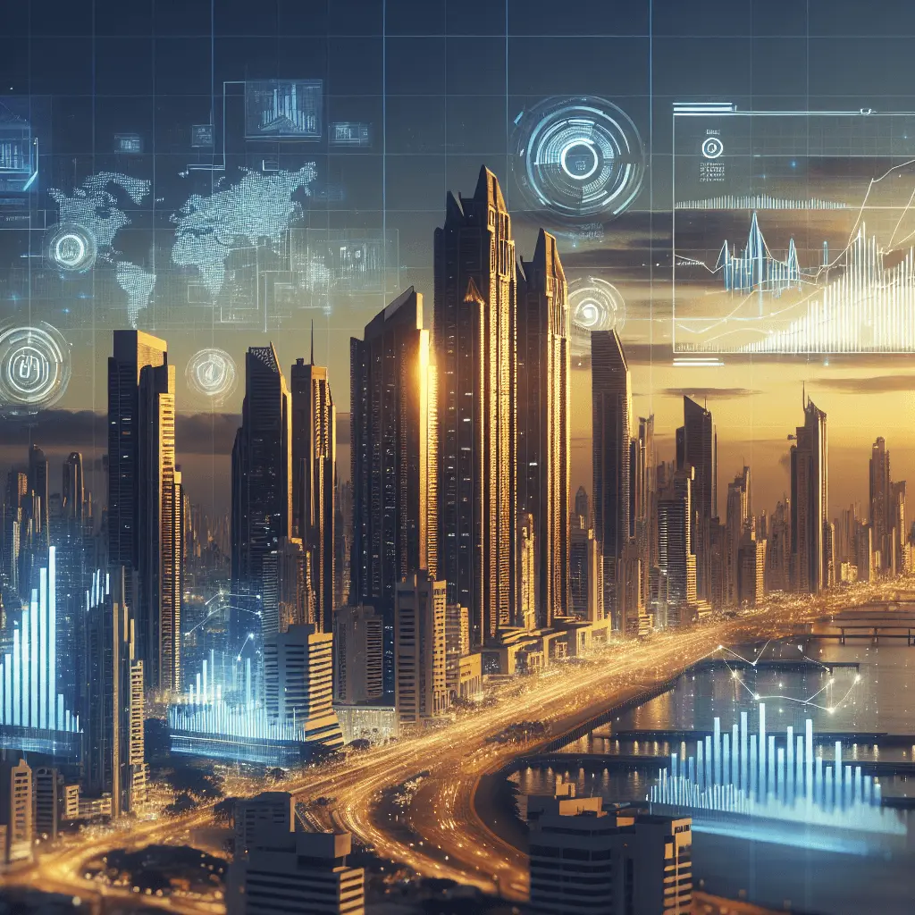 Vista panorámica del moderno horizonte de la Ciudad de Panamá al amanecer, con la luz dorada reflejándose en los rascacielos. En primer plano, una capa digital transparente con gráficos financieros y los textos 'Substancia Económica' y 'Reforma Fiscal'.