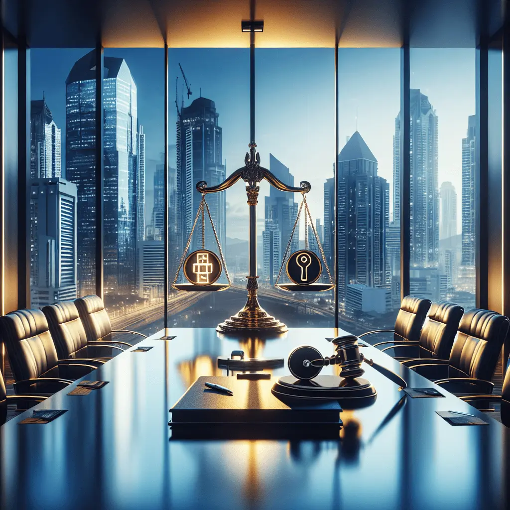 Moderna sala de juntas con una ventana panorámica al skyline de la Ciudad de Panamá. Sobre una mesa pulida descansan una balanza de la justicia dorada y una carpeta translúcida con el ícono de una cerradura.