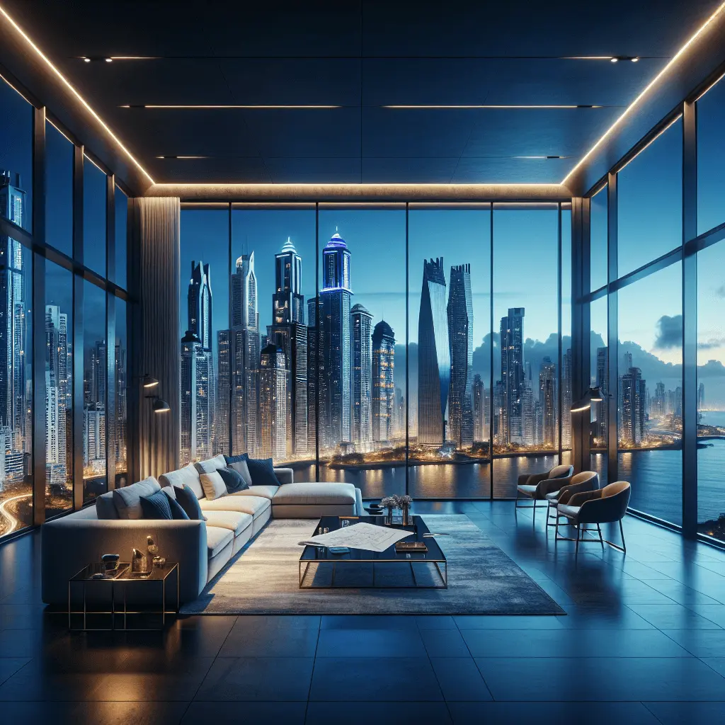 Vista panorámica de un lujoso y moderno apartamento con grandes ventanales que muestran el horizonte de la Ciudad de Panamá al atardecer. El salón minimalista tiene acentos dorados y planos de arquitectura sobre una mesa de centro.