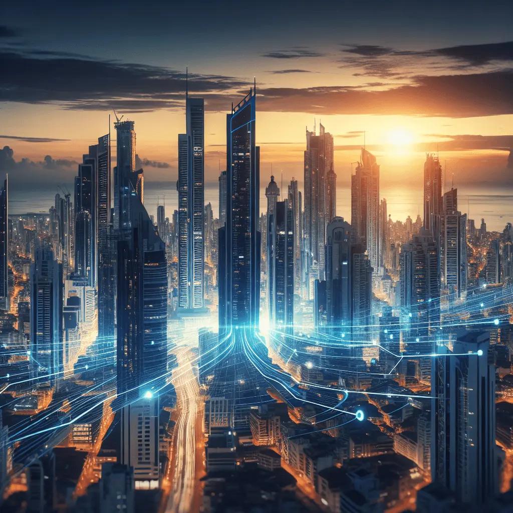 Toma panorámica cinematográfica del horizonte moderno de la Ciudad de Panamá al atardecer, con flujos de datos y redes en azul y dorado conectando los edificios.