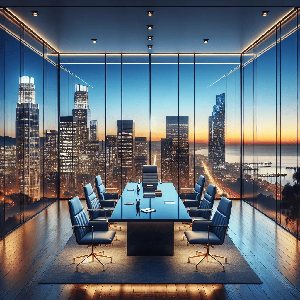 Vista panorámica del skyline de la Ciudad de Panamá al atardecer desde una sala de juntas moderna con rascacielos, el Océano Pacífico y una mesa de conferencias elegante, en tonos azul marino y dorado.