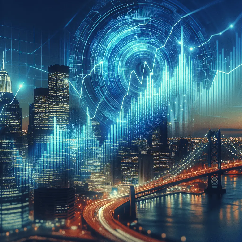 Visualización abstracta del crecimiento financiero de Panamá con un gráfico bursátil holográfico ascendente y patrones de blockchain en azul y oro, sobre un fondo del horizonte de la Ciudad de Panamá al atardecer.