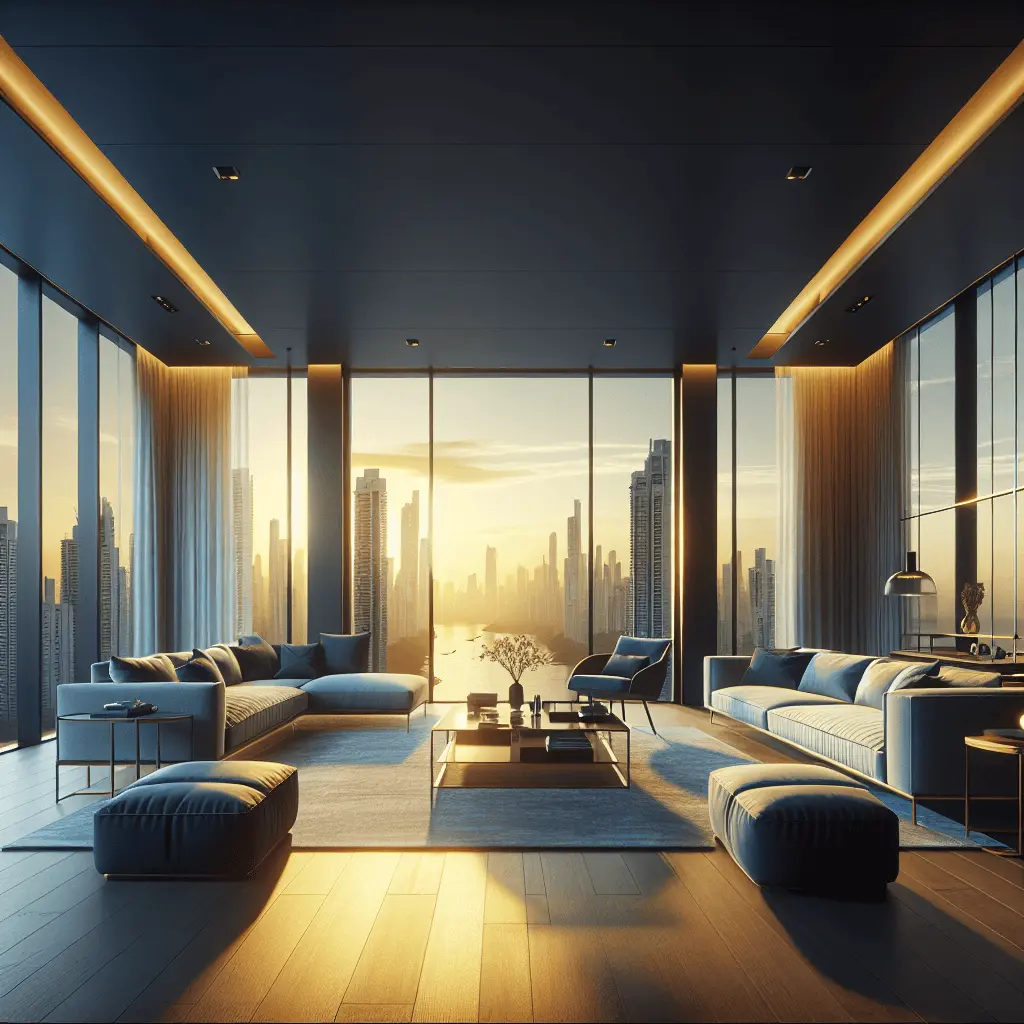 Sala de estar de un apartamento moderno y lujoso con grandes ventanales que ofrecen una vista panorámica del horizonte de la Ciudad de Panamá durante el atardecer. El mobiliario es minimalista, con un sofá y una mesa de centro en tonos azules y dorados.