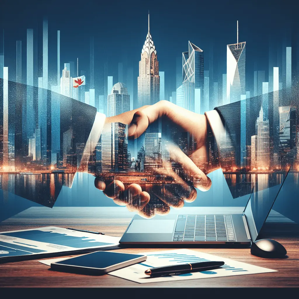 Imagen panorámica con un apretón de manos estilizado sobre un escritorio moderno. Al fondo, un horizonte que combina los rascacielos de la Ciudad de Panamá y el Capitolio de los Estados Unidos. La paleta de colores es azul y dorada.