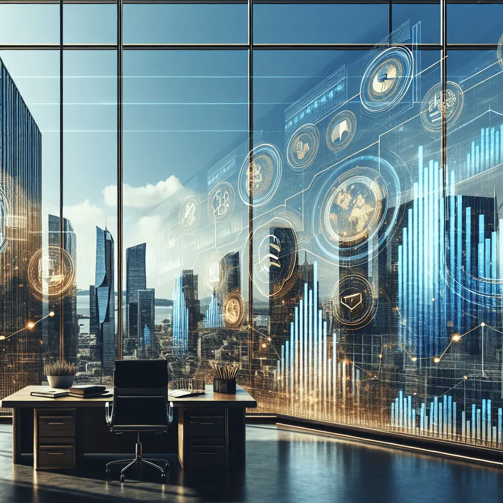 Imagen panorámica del horizonte moderno de la Ciudad de Panamá visto a través de una pantalla digital translúcida que muestra gráficos de negocios e íconos de documentos legales, en tonos azules y dorados.