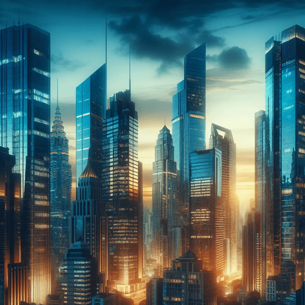 Fotografía cinematográfica de gran angular del skyline del distrito financiero de Ciudad de Panamá al atardecer, mostrando rascacielos de cristal modernos.