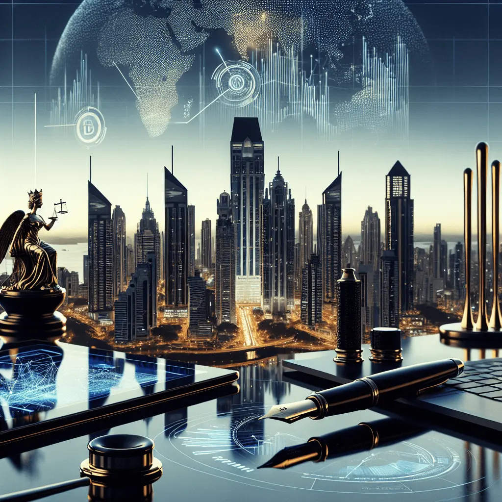 Escritorio de vidrio con pluma y tabletas con gráficos legales, frente al skyline de Panamá.