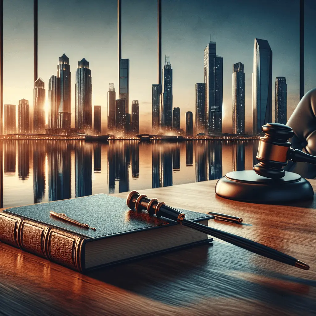 Fotografía cinematográfica del horizonte de Punta Pacífica en Ciudad de Panamá, reflejándose en el agua durante la hora dorada. En primer plano, un escritorio de madera moderna con un cuaderno de cuero y un mazo de juez.