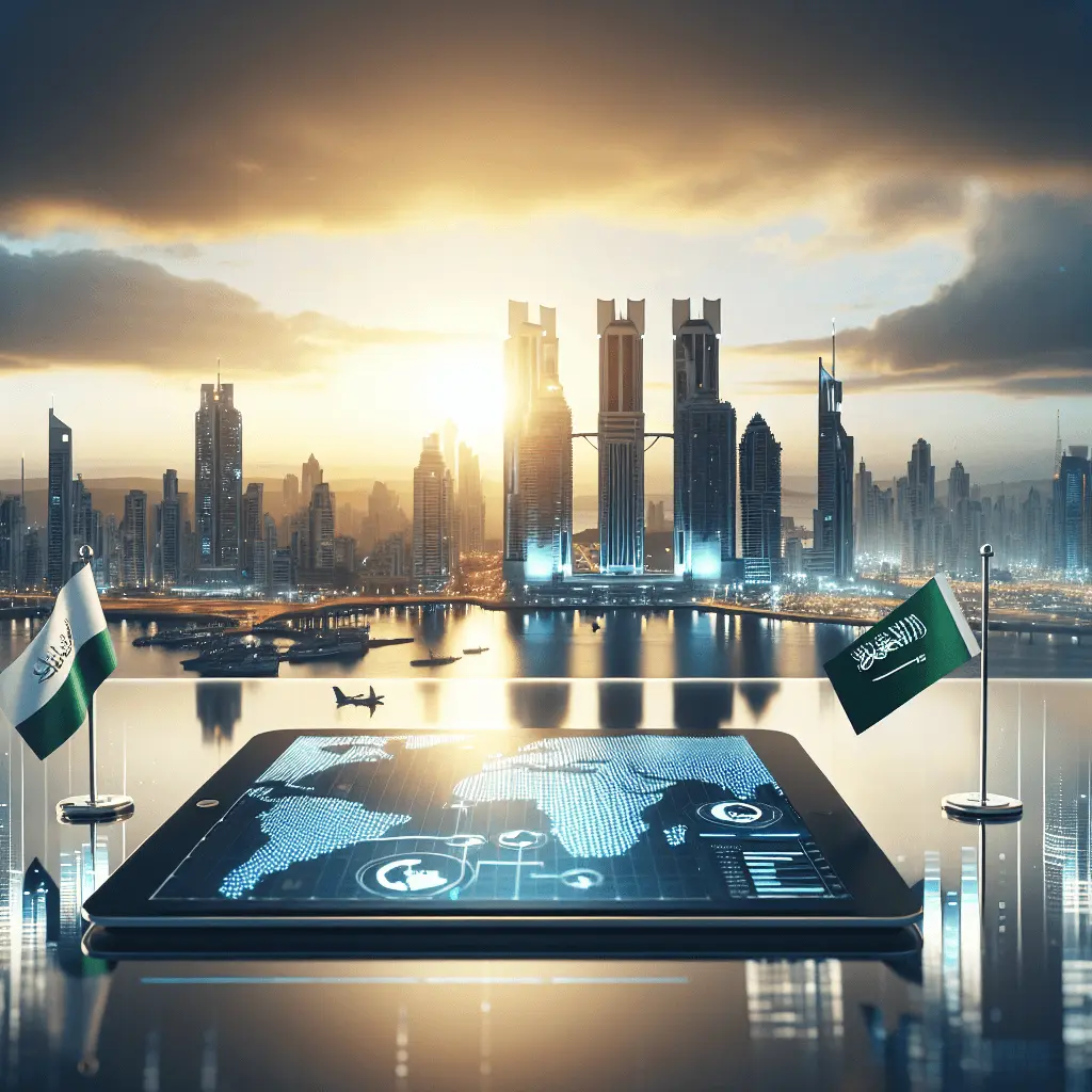 Vista cinematográfica de la Ciudad de Panamá al atardecer, con una tableta mostrando mapas de comercio y banderas de Arabia Saudita y Panamá en una mesa de cristal.