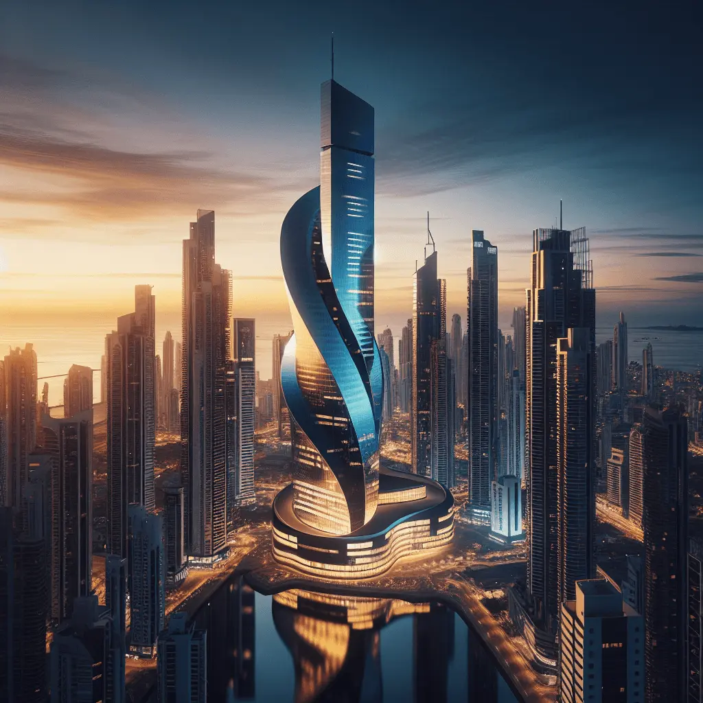 Vista panorámica del skyline de Ciudad de Panamá al atardecer, con la Torre F&F, reflejos dorados en los rascacielos y una paleta de azul marino y oro.