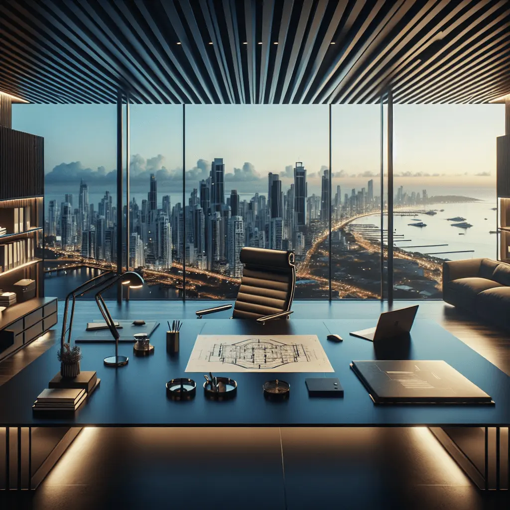 Oficina moderna y profesional con escritorio de cristal, laptop minimalista, planos arquitectónicos y vistas panorámicas de la Ciudad de Panamá y el Océano Pacífico, en tonos azul marino y dorado.