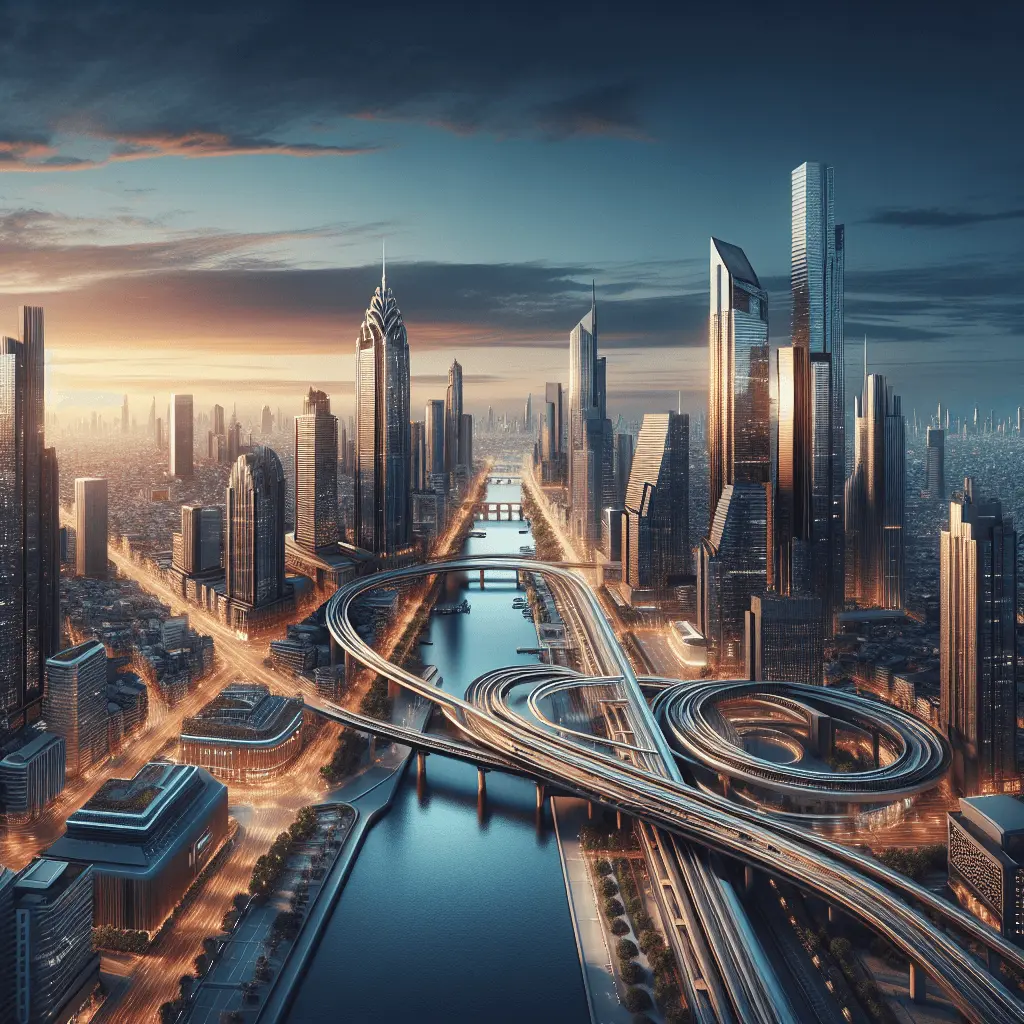 Vista panorámica de Ciudad de Panamá al atardecer, con el Canal de Panamá, Metro Línea 3 y Cuarto Puente, bajo luces doradas y azules.