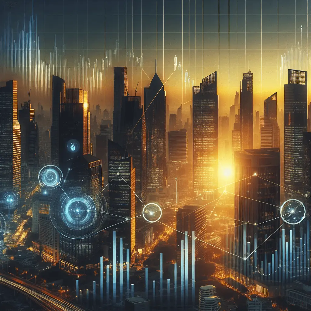 Vista panorámica del distrito financiero de Ciudad de Panamá con rascacielos de cristal modernos bajo un atardecer dorado, superpuesta con sutiles gráficos de crecimiento financiero en una paleta de azul marino y oro.